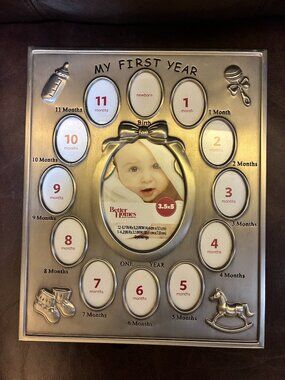 Baby’s My First Year Picture Frame, 12 Monthly Milestone Photo Collage, Silver